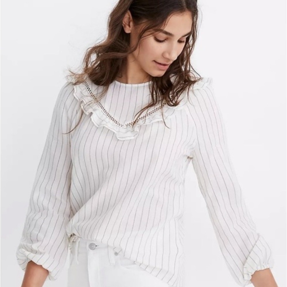 Madewell Ruffleyoke Prairie Top Sz S White Pinstripe Blouse